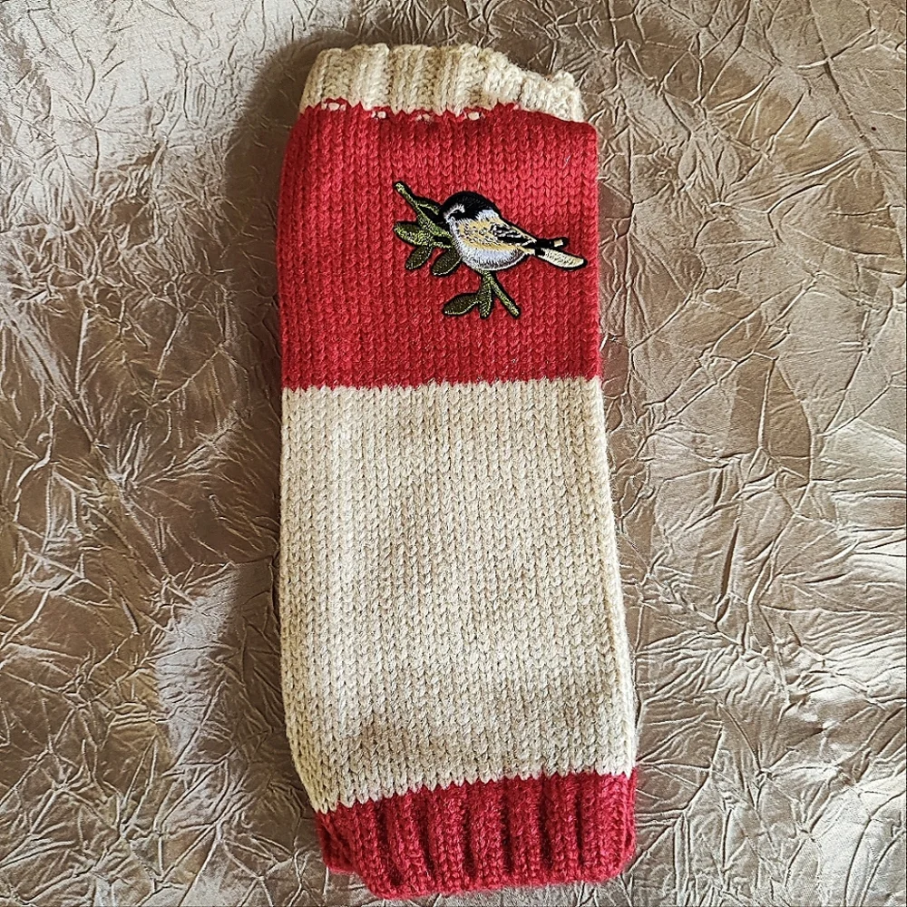 Fingerless Warm Gloves Thumb Holes Red and Cream Embroidered Birds Mittens NEW